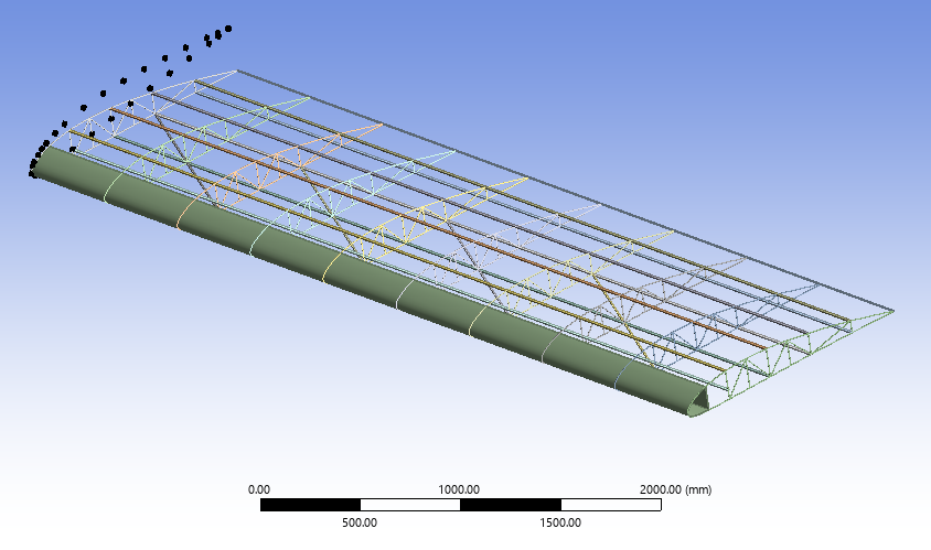 ANSYS Mechanical CAD model showing the internal wing architecture including spars, ribs, and stringers.