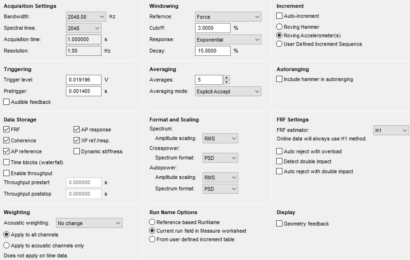 Acquisition and FRF estimation settings